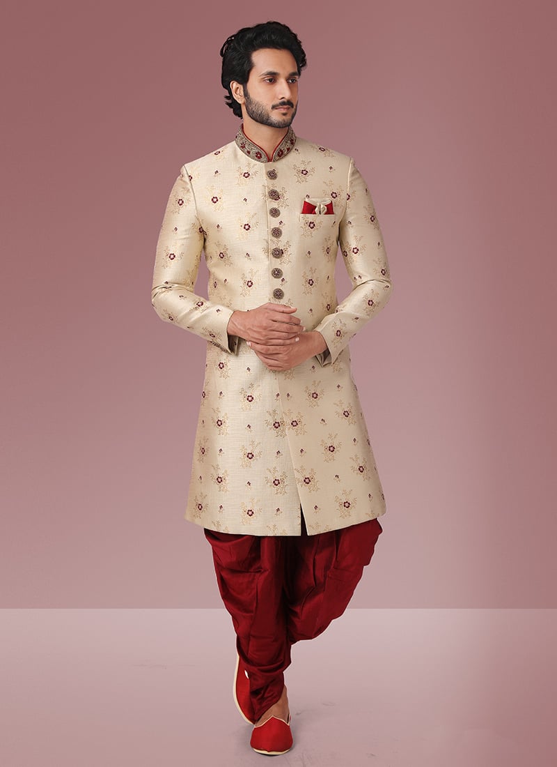 Gold Jacquard Silk Brocade Embroidered Classic Sherwani Wedding Wear