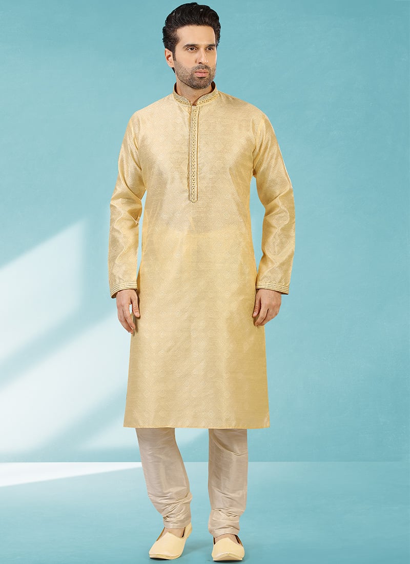 Gold Jacquard Silk Brocade Kurta Pyjama Party Wear