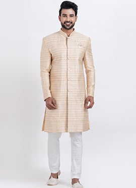 Gold Jacquard Silk Classic Sherwani