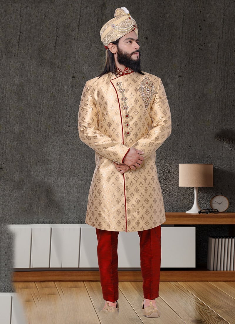 Gold Jacquard Silk Classic Sherwani