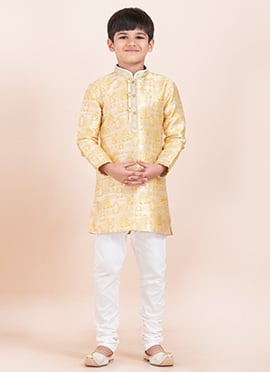 Gold Jacquard Silk Kids Boys Kurta Pyjama