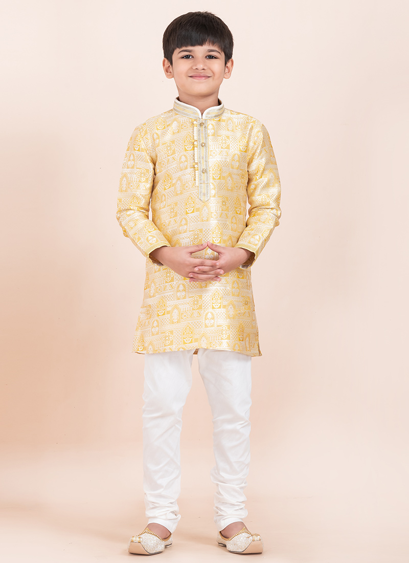 Gold Jacquard Silk Kids Boys Kurta Pyjama Festive Wear