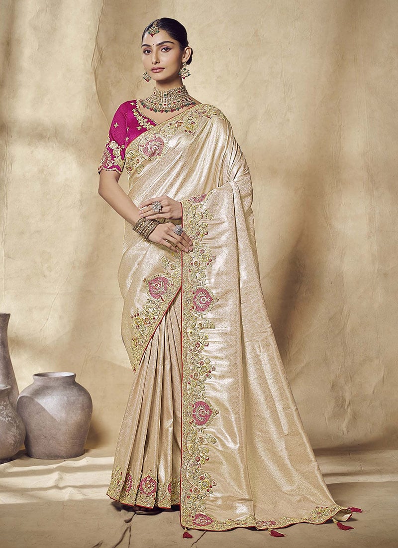 Gold Jacquard Silk Sequins Zari Embroidered Saree Wedding Wear