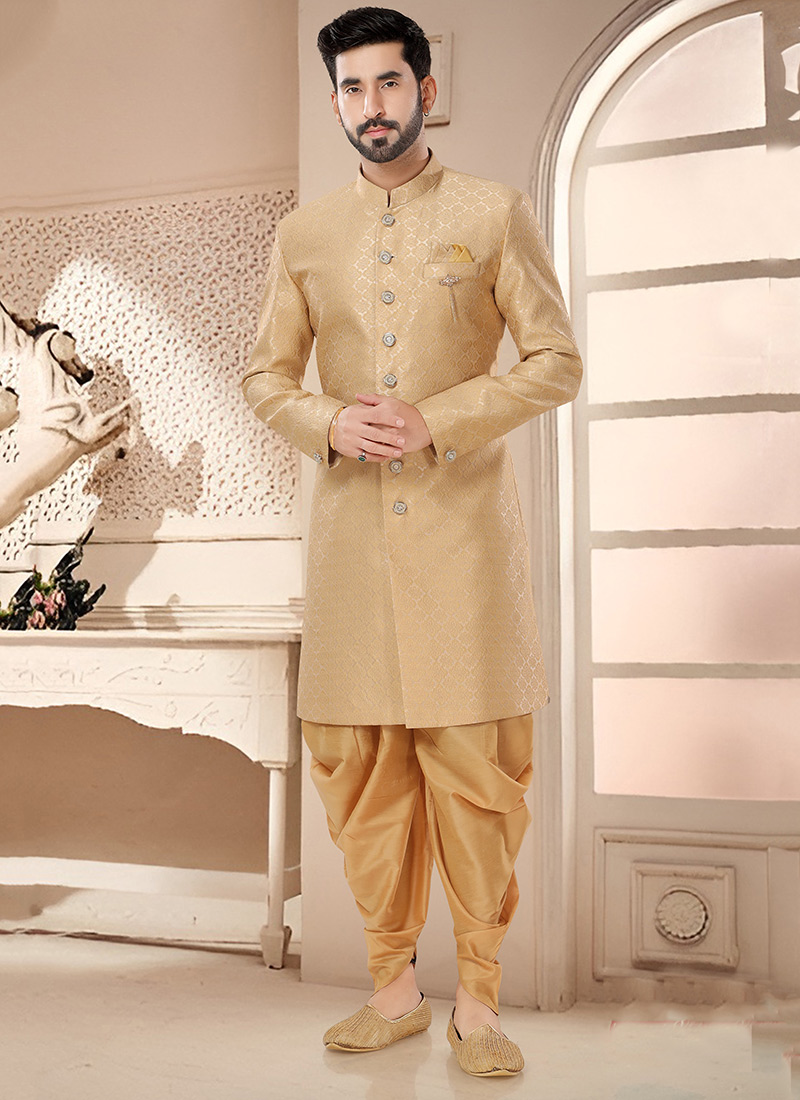 Gold Jacquard Woven Silk Classic Sherwani With Dhoti Style Pants Wedding Wear