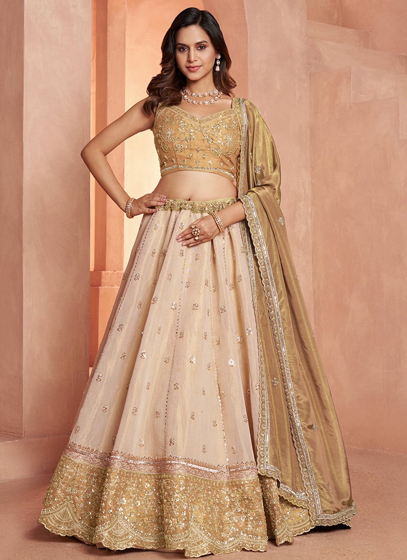 Gold Kanjivaram Tissue Hand Embroidered Lehenga Wedding Wear