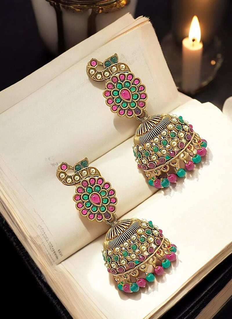 Gold Kundan And Beads Adorned Jhumkas