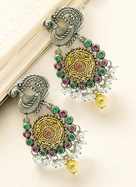 Gold Kundan And Beads Oxidised Danglers