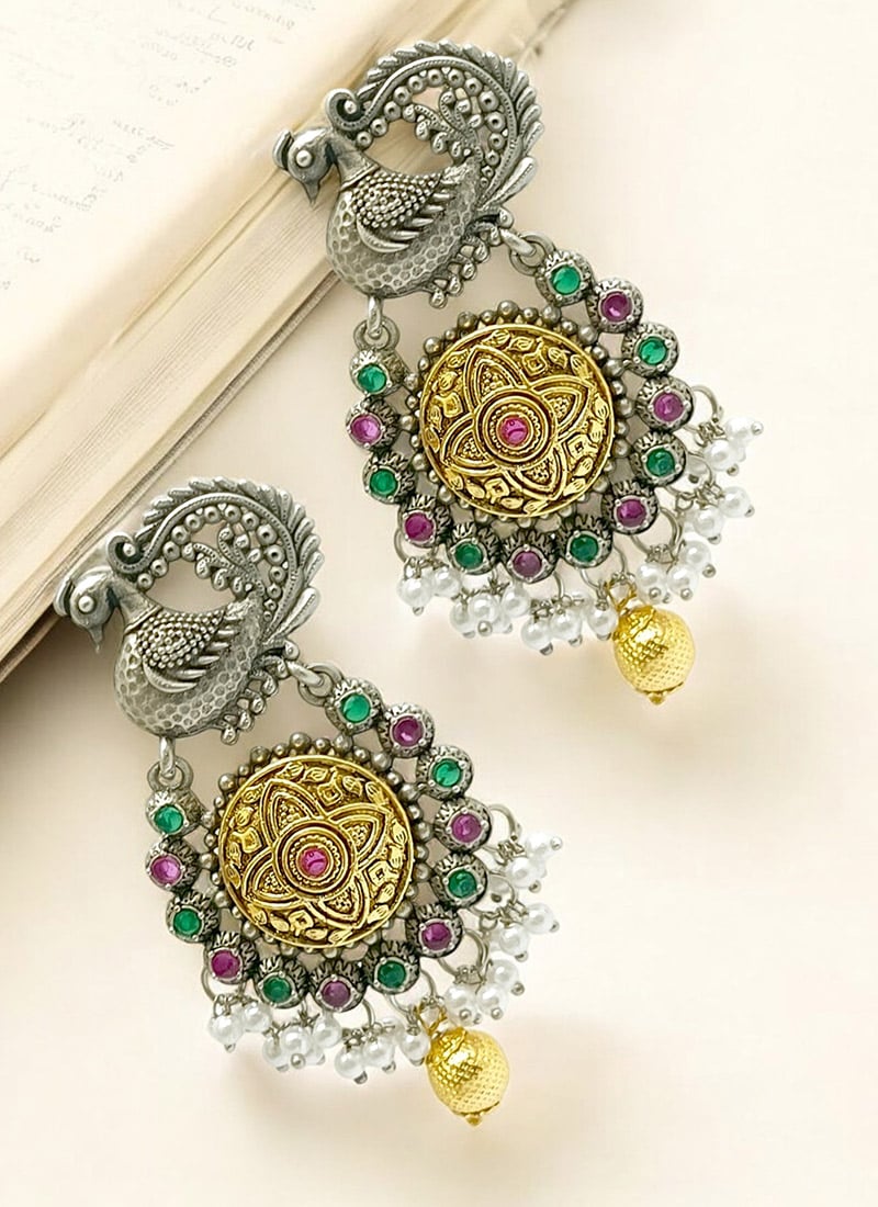 Gold Kundan And Beads Oxidised Danglers Festive Wear