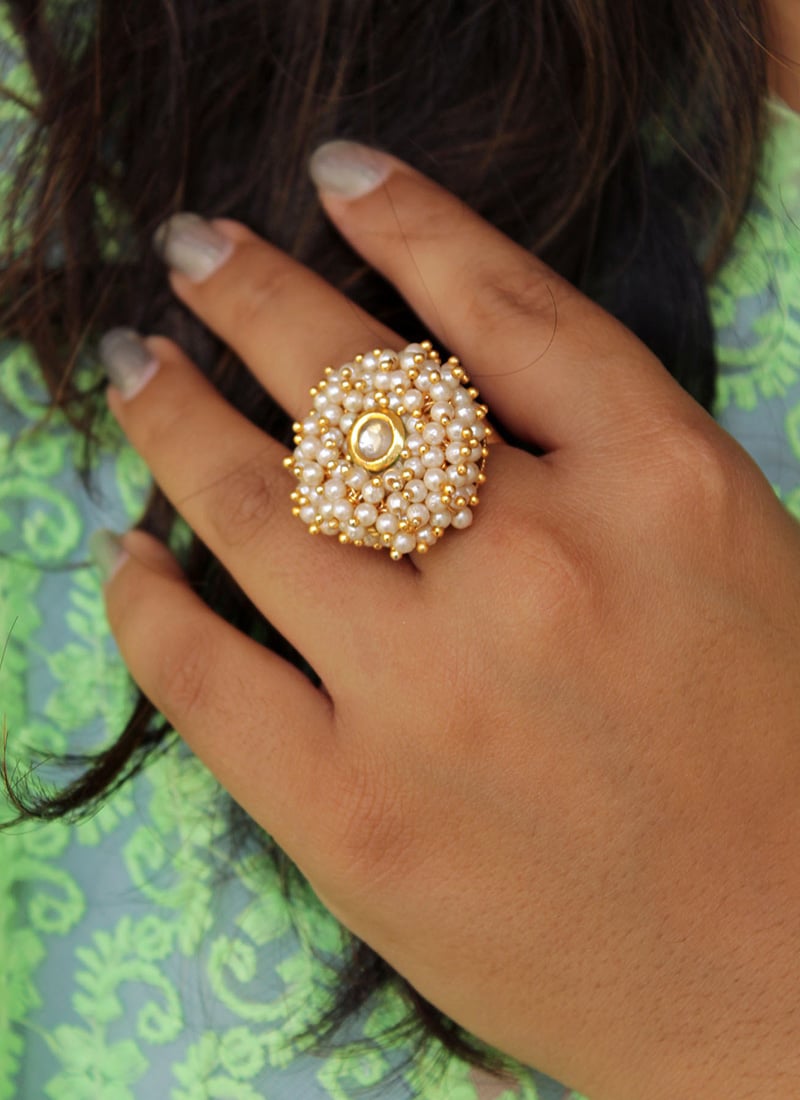 Gold Kundan And Beads Work Ring Festive Wear