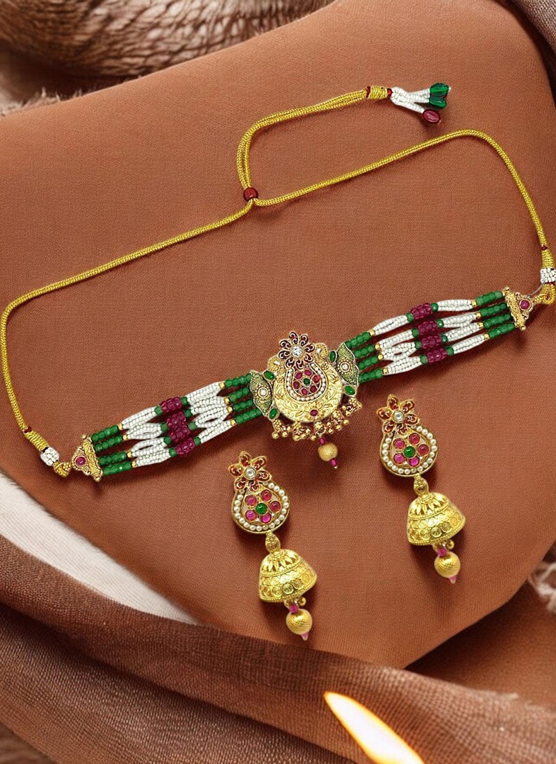 Gold Kundan Beads Choker Festive Wear