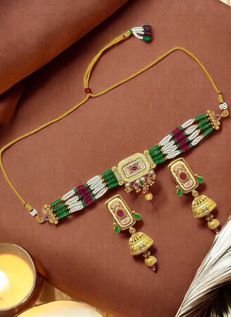 Gold Kundan Beads Choker Festive Wear