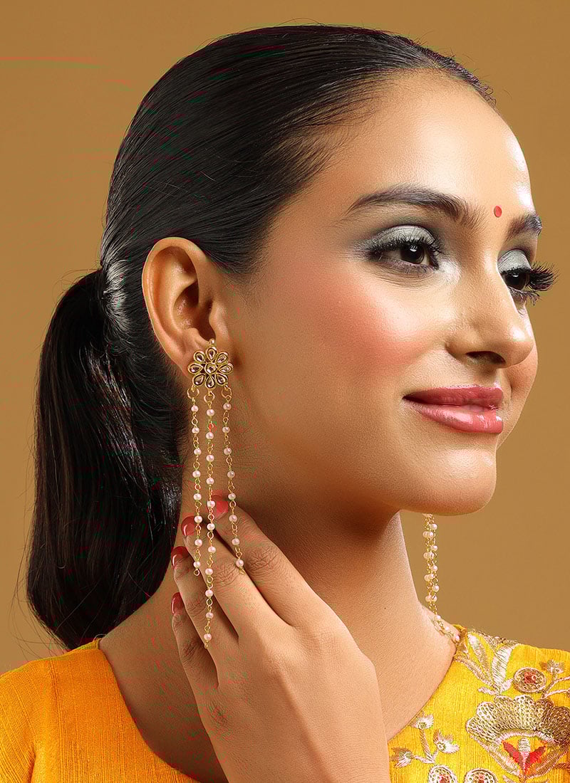 Gold Kundan Beads Danglers Festive Wear