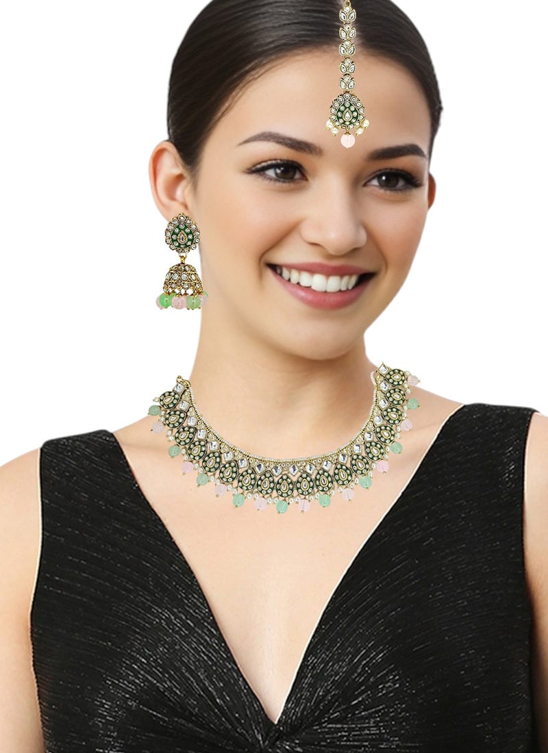 Gold Kundan Beads Meenakari Choker Festive Wear