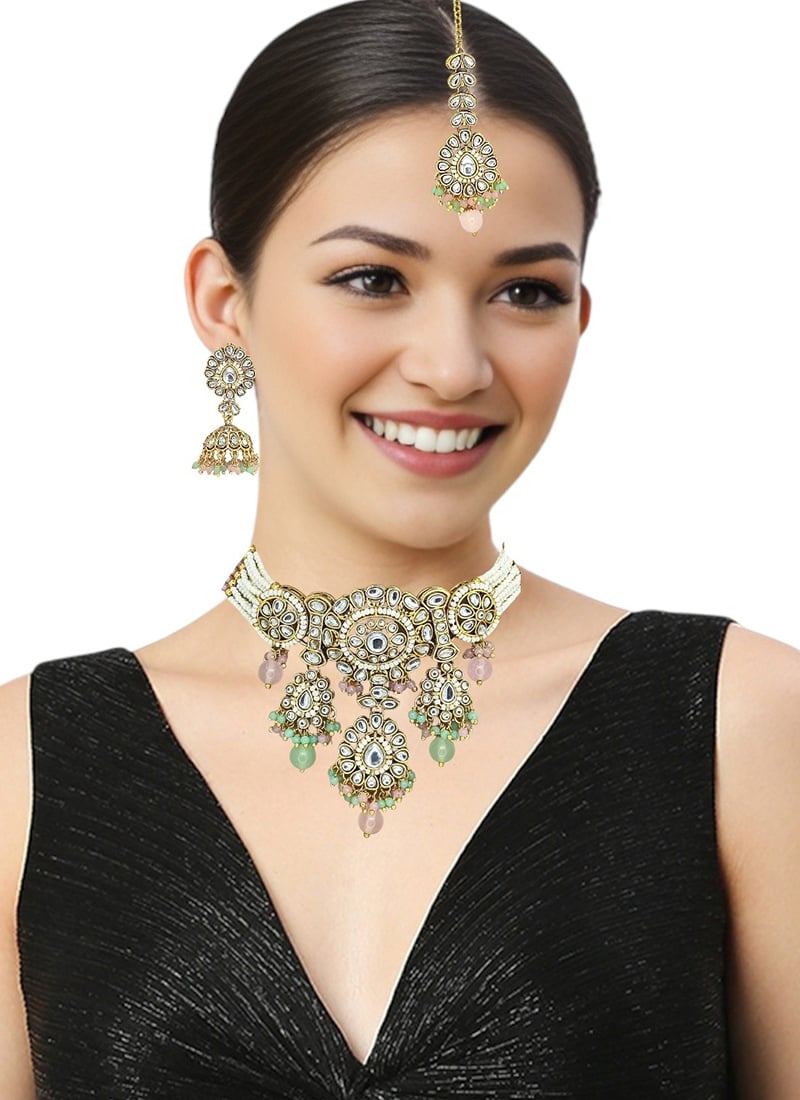 Gold Kundan Beads Moti Choker Festive Wear