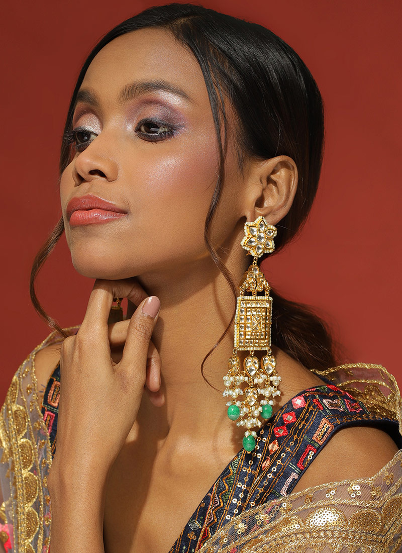 Gold Kundan Moti And Bead Adorned Chandeliers Festive Wear