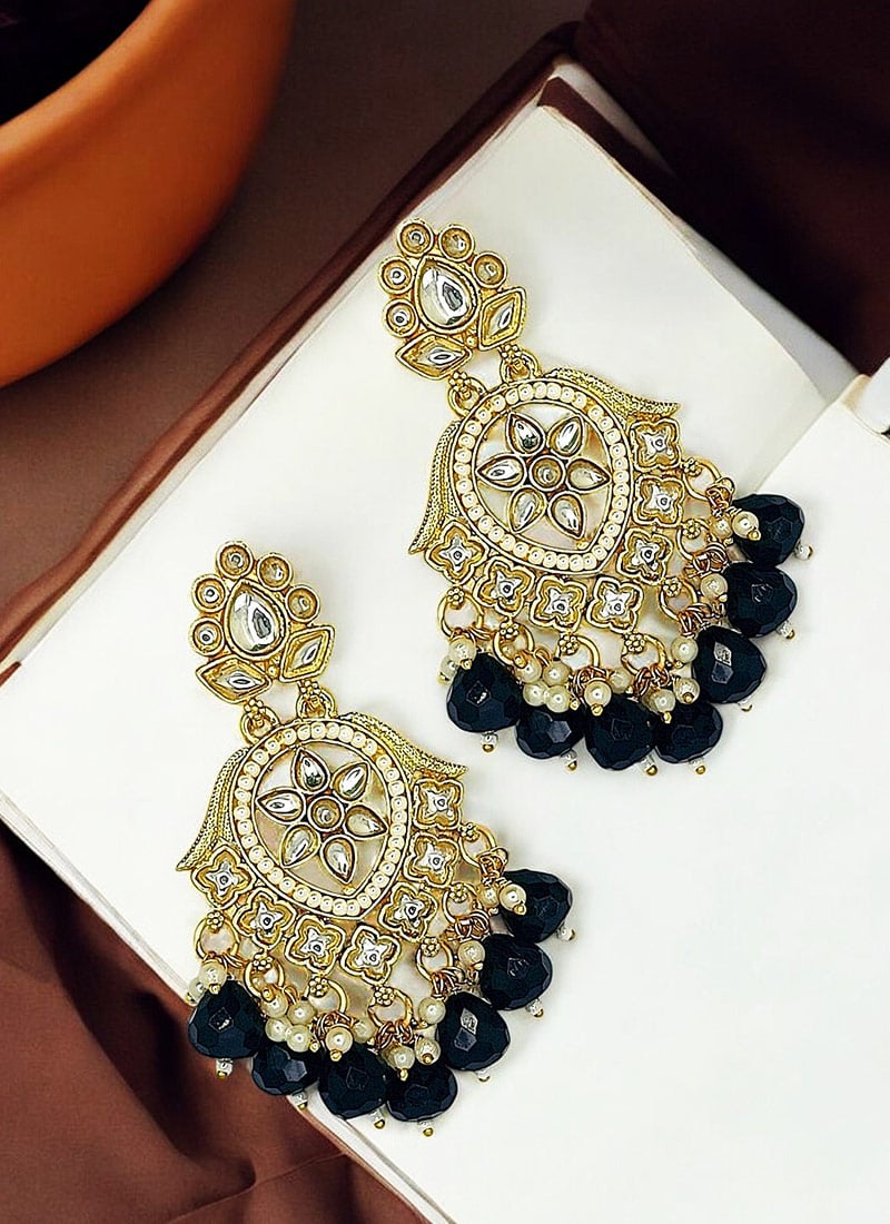 Gold Kundan Moti And Stones Adorned Danglers Festive Wear