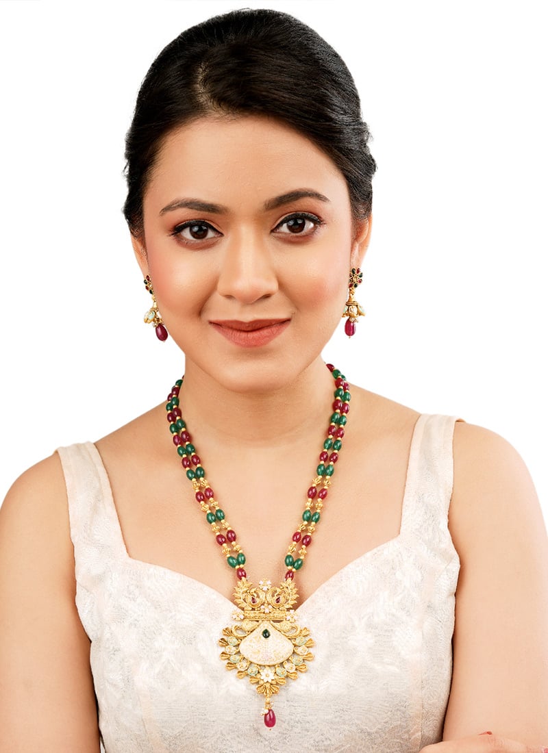 Gold Kundan Pearl Meenakari Necklace