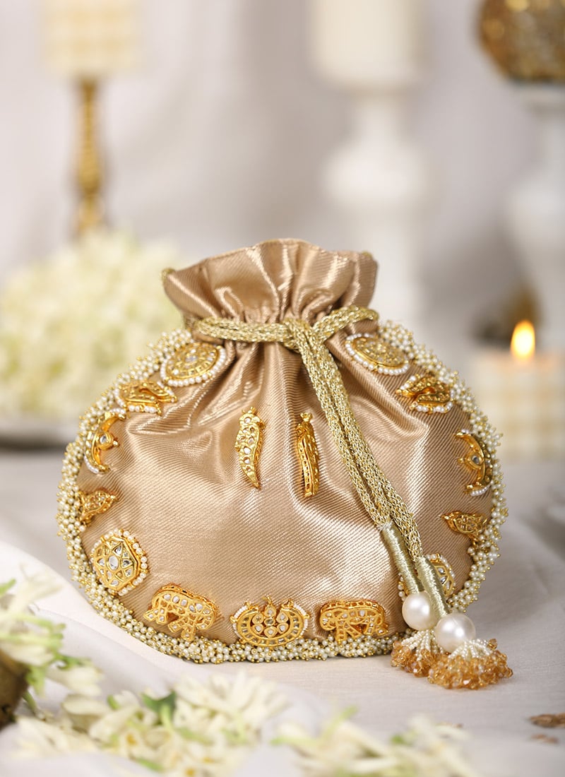 Gold Leather Beads And Kundan Work Potli Wedding Wear