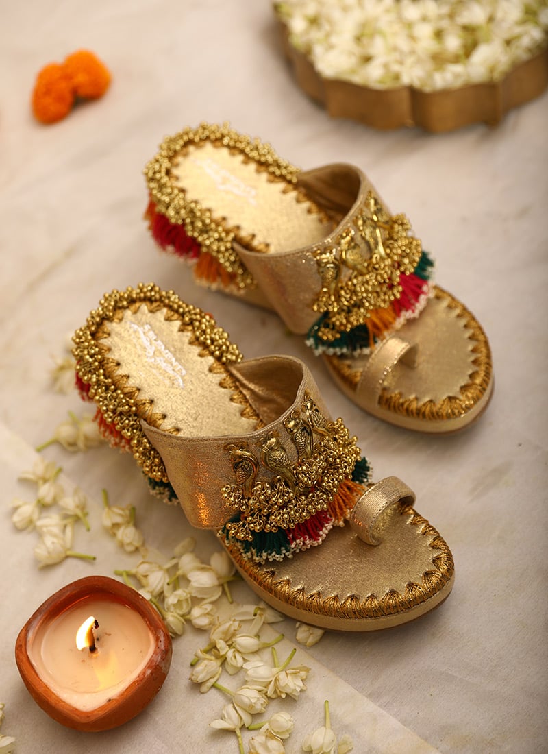 Gold Leather Crystal Work Wedges
