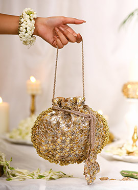 Gold Leather Gota Embroidered Potli For Women