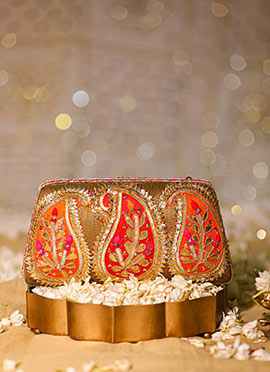 Gold Leather Gota Embroidered Sequins Hand Bag