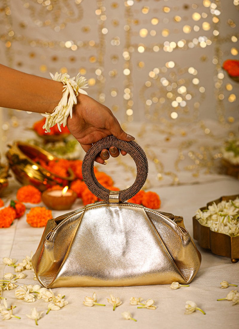 Gold Leather Hand Bag For Women Wedding Wear