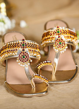 Gold Leather Stone And Moti Embossed Heels For Women