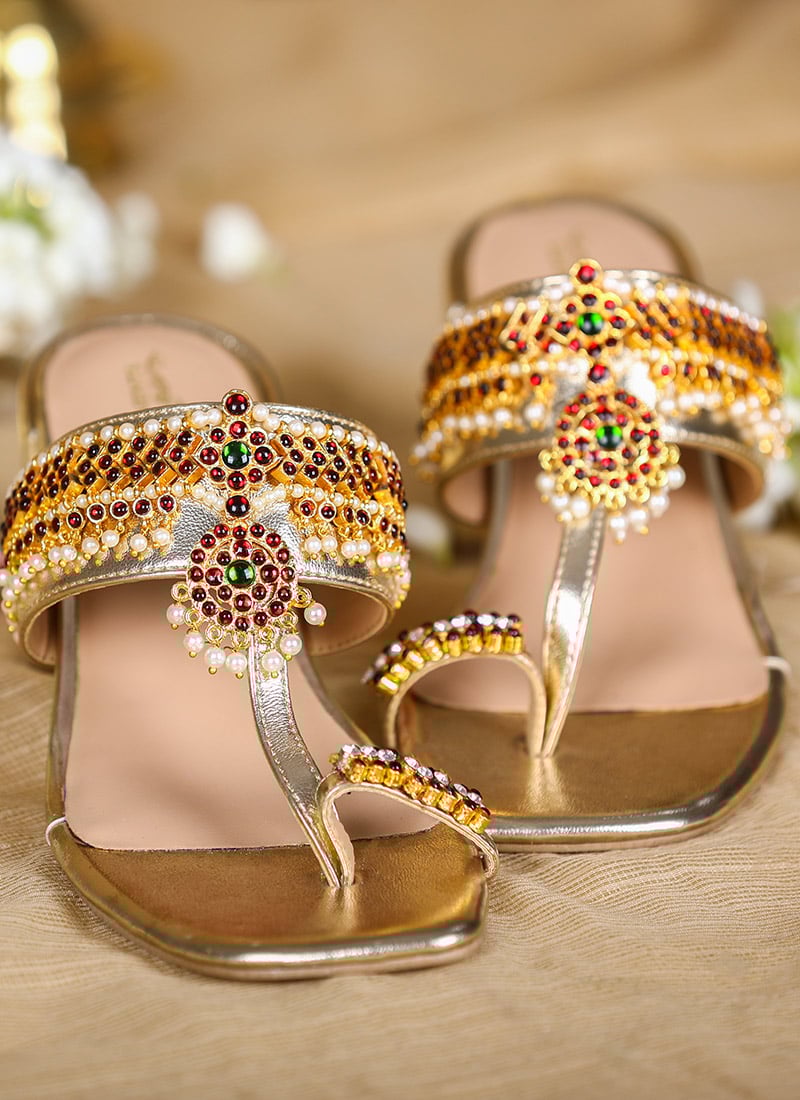 Gold Leather Stone And Moti Embossed Heels For Women