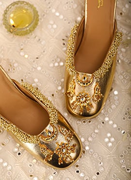Gold Leather Stone And Moti Work Juti Heels For Women