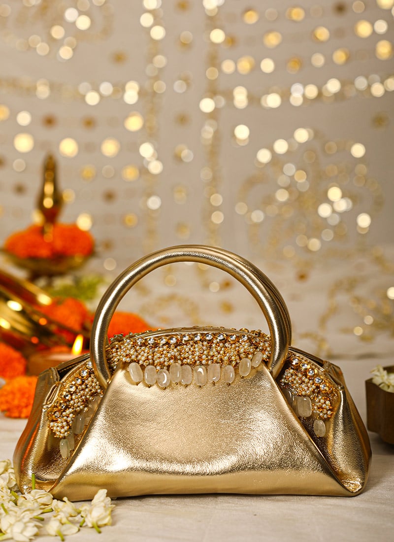 Gold Leather Stone Crystals And Beads Work Hand Bag