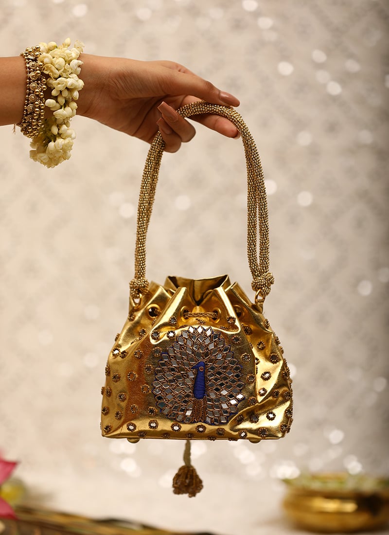 Gold Leather Zardosi Beads And Mirror Work Potli