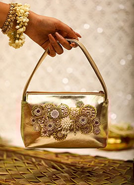 Gold Leather Zardosi Stone Beads And Mirror Work Hand Bag