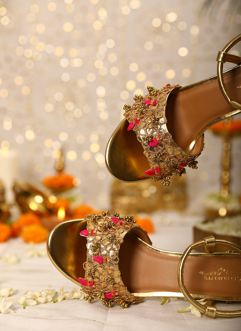 Gold Leather Zari Embroidered Heels For Women
