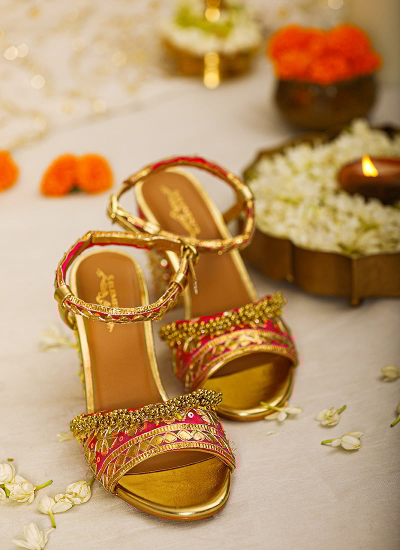 Gold Leather Zari Embroidered Sequins Heels For Women