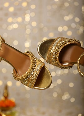 Gold Leather Zari Embroidered Sequins Heels For Women
