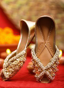 Gold Leather Zari Embroidered With Beads Work Juti For Women