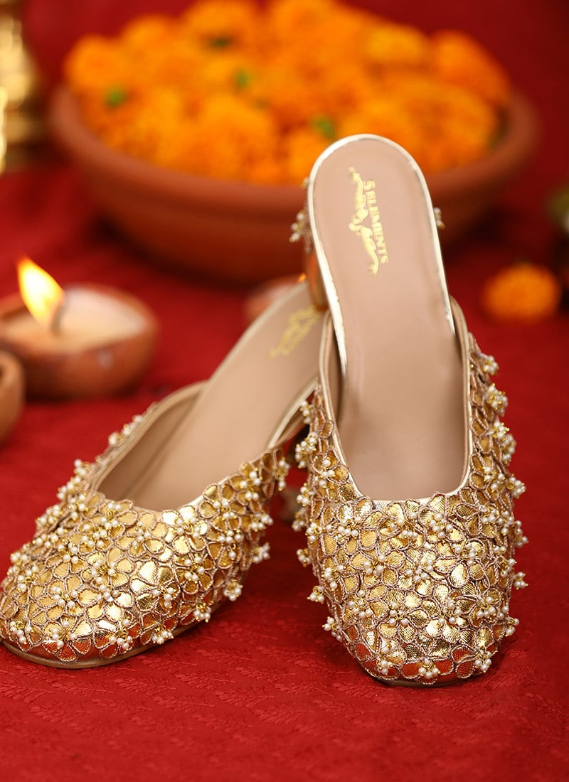 Gold Leather Zari Embroidered With Moti Work Women Juti Heels