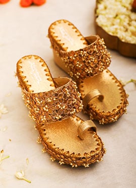 Gold Leather Zari Embroidered With Moti Work Women Wedges