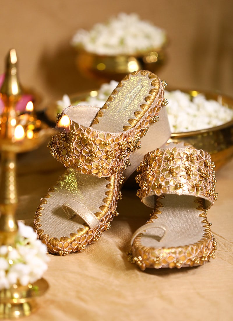 Gold Leather Zari Embroidered Work Wedges