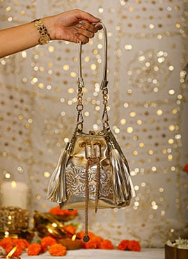 Gold Leather Zari Gota Embroidered Potli