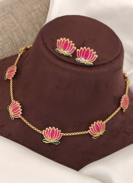 Gold Lotus Motif Pink Stone Necklace Set