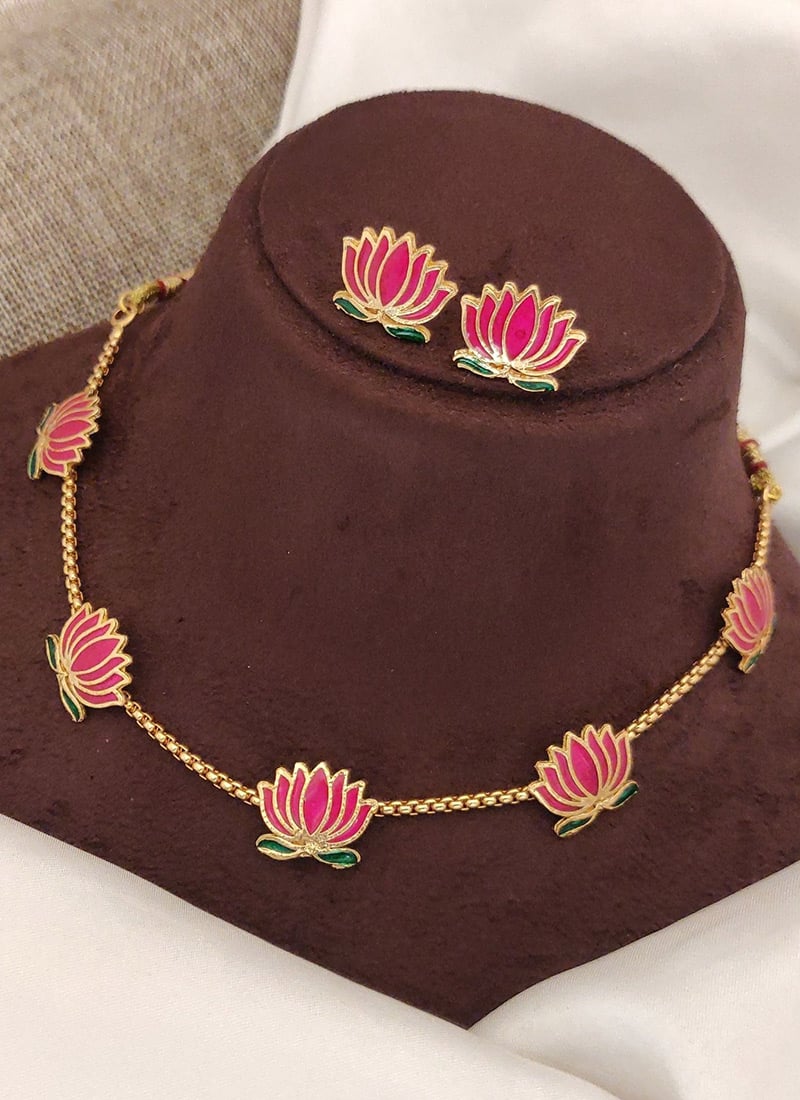 Gold Lotus Motif Pink Stone Necklace Set After Six Wear