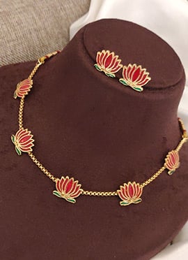 Gold Lotus Motif Red Stone Necklace Set
