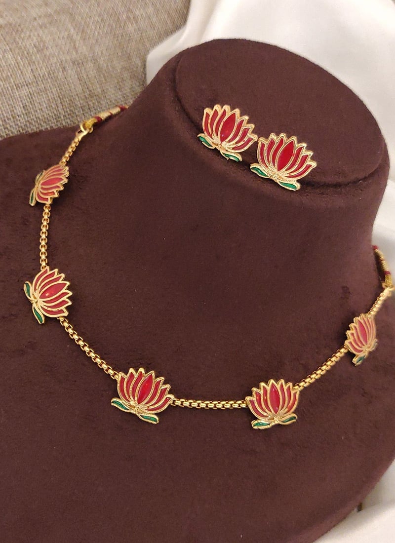Gold Lotus Motif Red Stone Necklace Set After Six Wear
