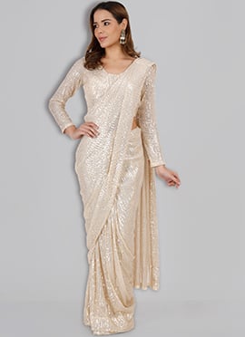 Gold Lycra Sequins Saree With Sequins Blouse