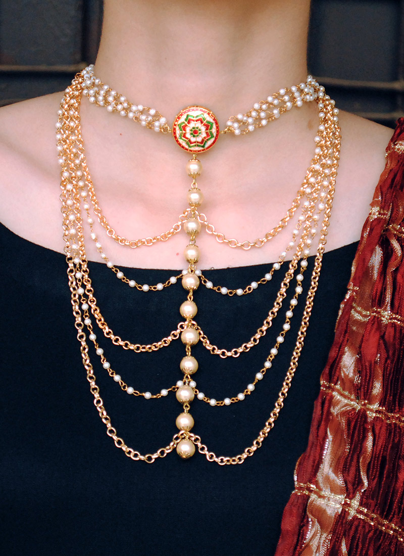 Gold Meenakari Moti and Beads Necklace  Festive Wear