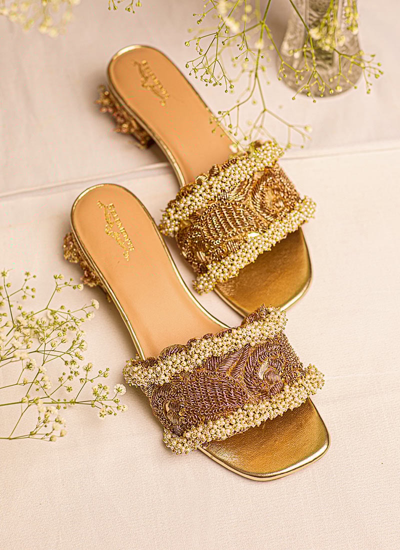 Gold Moti Zardosi With Sequins Slider Heel