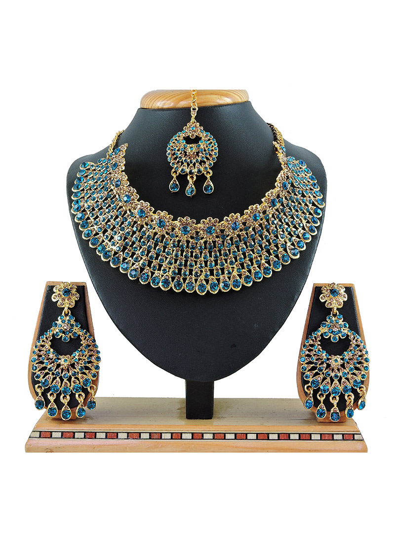 Gold N Blue Necklace Set Party Wear