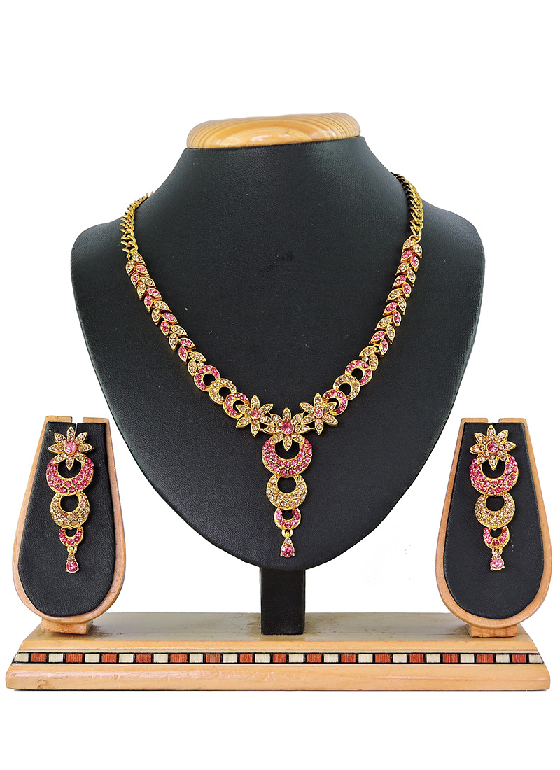 Buy Gold N Pink Necklace Set Party Wear, Stones, necklace Online