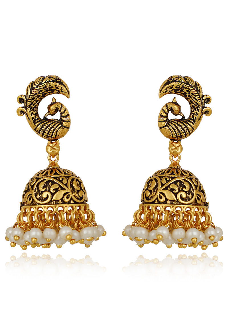 Buy Gold N White Jhumka Earrings, Beads, jhumka Online Shopping | ERMPF9011